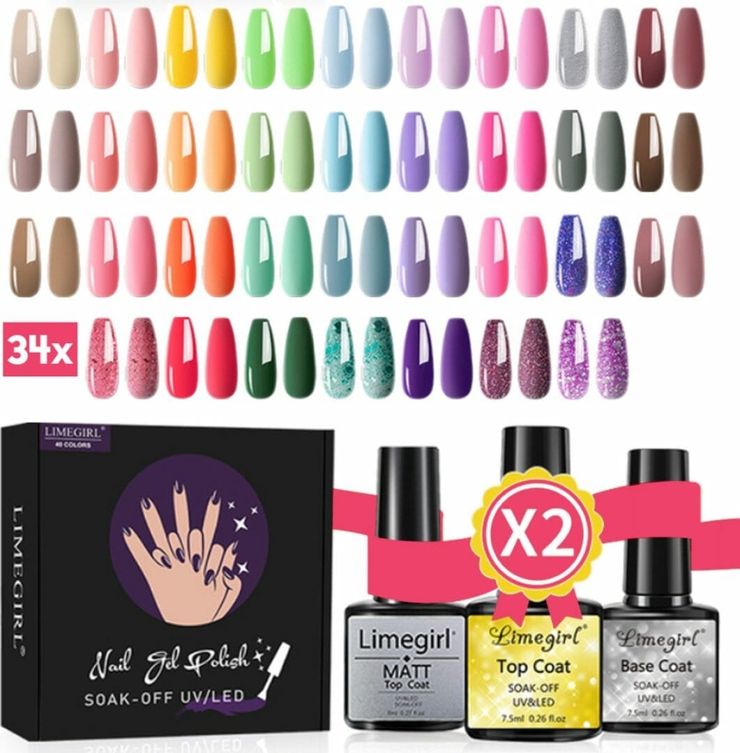 Gelnagels Kleuren Set XL 34x Gellak Box 2x Top Mat Base Coat 34