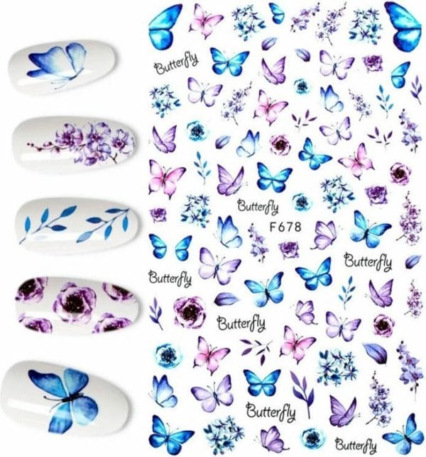100 nagelstickers vlinder - Nail art - Nagel decoratie - Stickervellen vlinders en bloemen - Styling bloem nagel - Blauw / roze versiering - Universeel