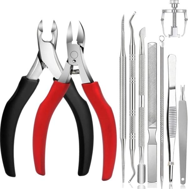 12 stuks, nagelschaar, nageltang, roestvrij staal, met dubbelzijdige nagelvijl en nagelschaar, reparaties voor dikke ingegroeide voetnaden (zwart + rood, 10 stuks)