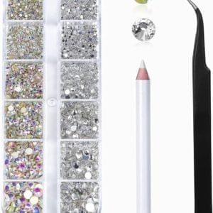 1400 stuks strassteentjes, 6 maten, platte rugstenen, AB strass, kristal en nagel/kleding met pick-up pincet en strasspuncher