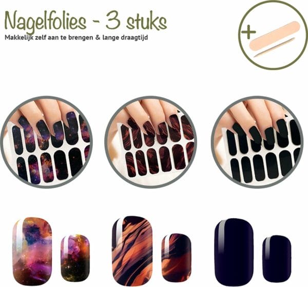 3 stuks Nailwraps - Nagellak - Nagels - Nagelvijl - Nagelstickers - 60 Nagel folies - Nagel folie - Nagellak set - Nagelfolie - Nailwraps - Zwarte nagellak
