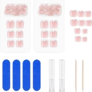 48 stuks valse teennagels met lijm, 12 maten glitter korte nep teen nagels tip, volledige dekking Franse kunstmatige acryl teennagels met nagelvijlen stok op teennagels voor vrouwen meisjes nagelsalon
