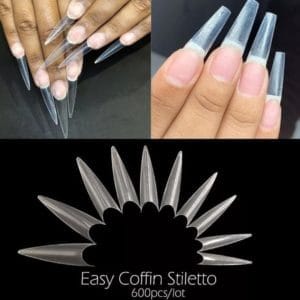 600 Stiletto Nageltips met lijm - Transparant XXL Stiletto half cover C nail tips- French Nail Art Acryl Nagels & Gelnagels -Hoge Kwaliteit- nagelvijl + nagellijm