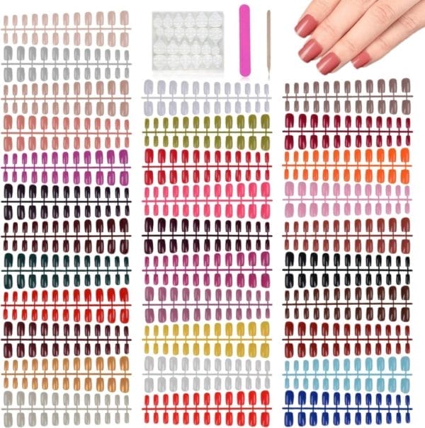 768 stuks medium vierkante druk op nagels, ebanku 32 kleuren vingernagels glanzende nepnagel kleurrijke volledige dekking kunstmatige valse nagel acryl nageltip kit voor diy nail art decoraties