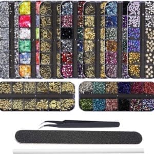 9 Dozen Steentjes voor Nageldecoraties Nageldiamanten Glitter Gouden Studs, Nagelkunst Edelstenen Maanster Vormige Metalen Klinknagels met Pincet, Plukpen en Nagelvijl voor Nagelkunstbenodigdheden (19-27)