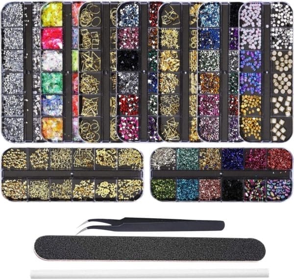 9 dozen steentjes voor nageldecoraties nageldiamanten glitter gouden studs, nagelkunst edelstenen maanster vormige metalen klinknagels met pincet, plukpen en nagelvijl voor nagelkunstbenodigdheden (19-27)