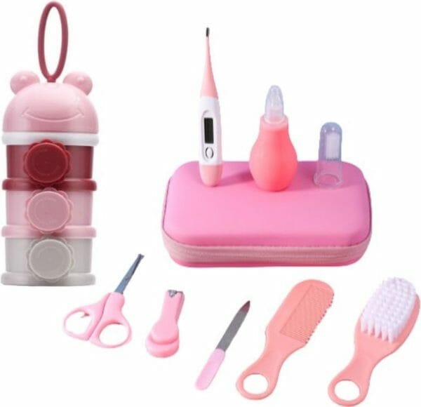 9-delige baby verzorgingsset + melkpoeder toren - [roze] - baby borstel - baby verzorgingsproducten - babyvoedingsaccessoires - babyvoeding bewaarbakje - kraam cadeau - gratis opberg/-reisdoosje