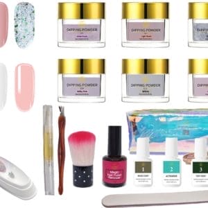 AT-Shop - Dipping Powder- Starters kit -6 kleuren- COMPLETE SET inclusief REMOVER - nagelvijl - nagelriemolie - nagelriemduwer- dippowder bakje- Dip poeder - Dip nagel - Nailart - Nail- Pink Gellac starter set