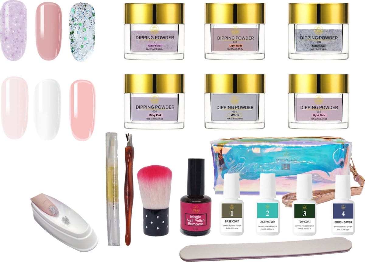 At-shop - dipping powder- starters kit -6 kleuren- complete set inclusief remover - nagelvijl - nagelriemolie - nagelriemduwer- dippowder bakje- dip poeder - dip nagel - nailart - nail- pink gellac starter set At-shop - dipping powder- starters kit -6 kleuren- complete set inclusief remover - nagelvijl - nagelriemolie - nagelriemduwer- dippowder bakje- dip poeder - dip nagel - nailart - nail- pink gellac starter set