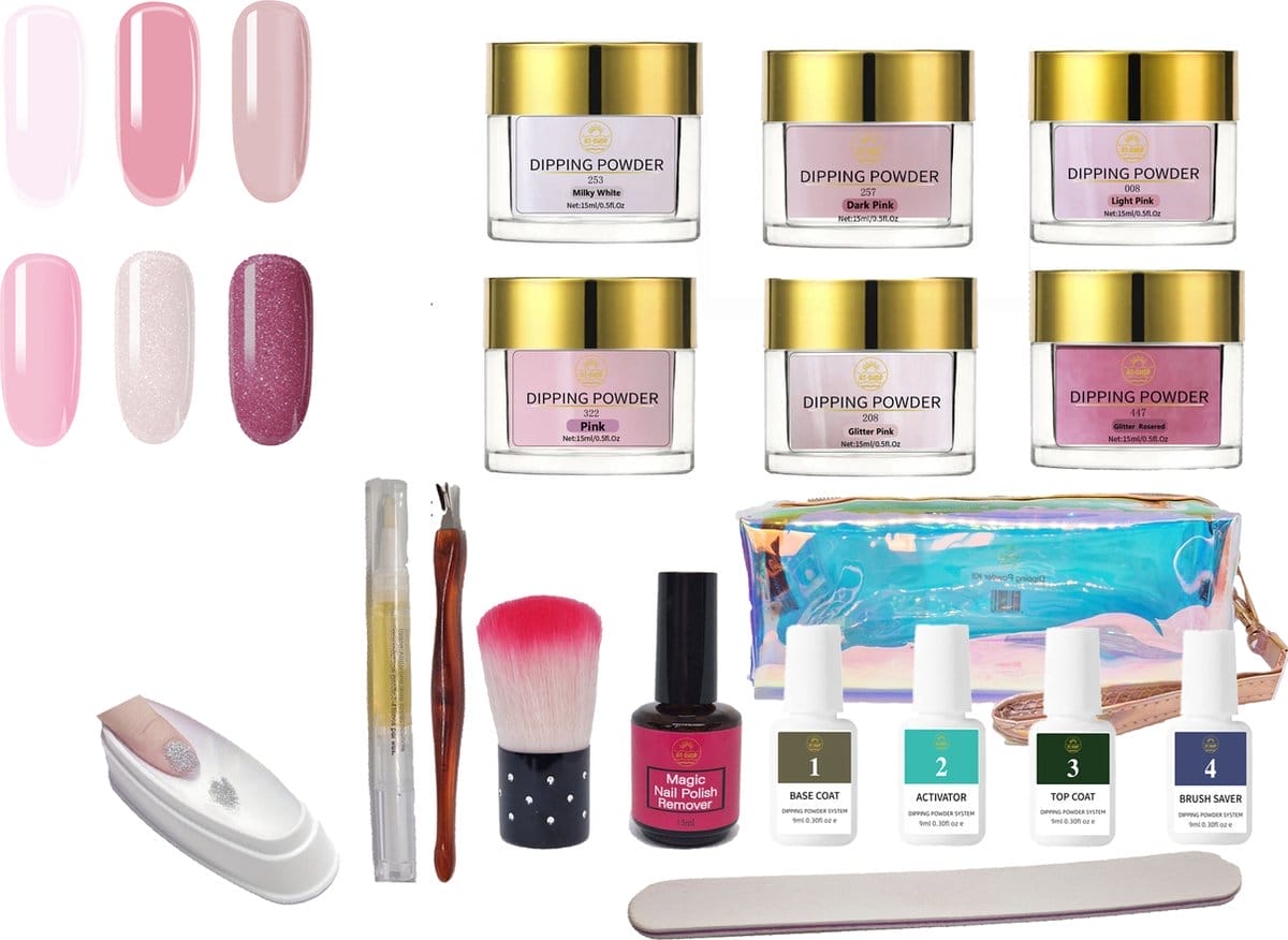 At-shop - dipping powder- starters kit -6 kleuren- complete set inclusief remover - nagelvijl - nagelriemolie - nagelriemduwer- dippowder bakje- dip poeder - dip nagel - nailart - nail- pink gellac starter set At-shop - dipping powder- starters kit -6 kleuren- complete set inclusief remover - nagelvijl - nagelriemolie - nagelriemduwer- dippowder bakje- dip poeder - dip nagel - nailart - nail- pink gellac starter set