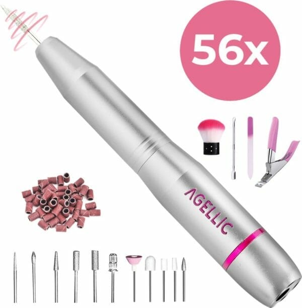 Agellic® elektrische nagelvijl - grijs/roze - 56 schuurrolletjes - 11 opzetstukken - incl. Reistasje - pedicureset electrisch - elektrische nagelvijl - nagelfrees - nagelveil - machine - nagelvijl electrisch - manicureset