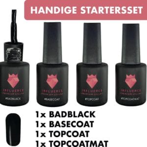 #BADBLACKSERIE - Influence Gellac - UV / LED Gellak - Gel nagellak - Gel lak - Basecoat - Topcoat - Topcoatmat - No wipe - Zwart / Transparant - Startersset - 4 x 10 ml