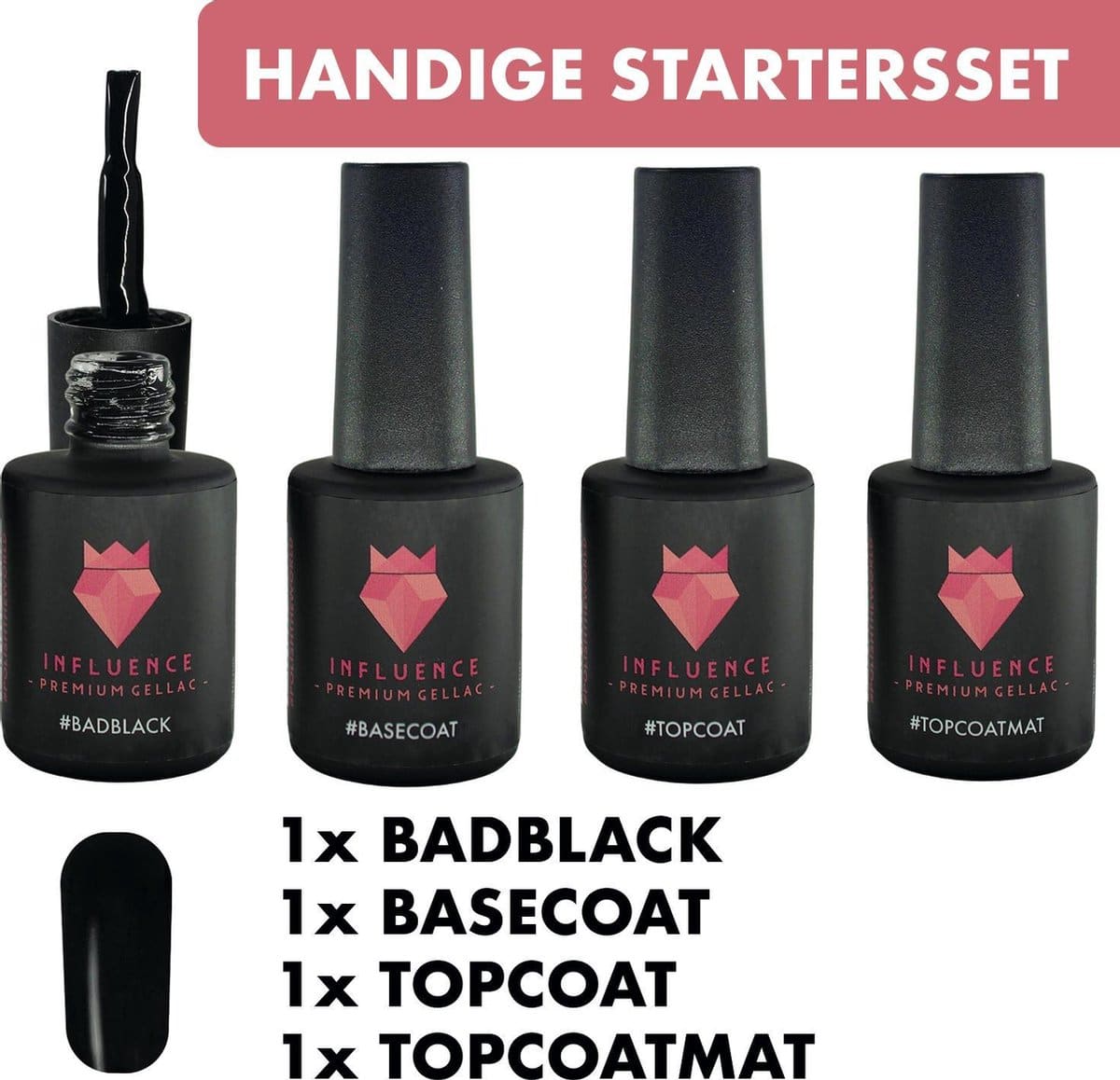 #badblackserie - influence gellac - zwarte gellak - gellak zwart uv - uv gellak - gel nagellak - basecoat - topcoat - topcoatmat - no wipe - startersset - kado vrouw - valentijns cadeau - kado voor haar - 4 x 10 ml #badblackserie - influence gellac - uv / led gellak - gel nagellak - gel lak - basecoat - topcoat - topcoatmat - no wipe - zwart / transparant - startersset - 4 x 10 ml