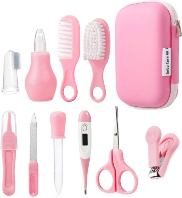 Baby gezondheidszorg en verzorging kit, baby veiligheid set baby kam, borstel, vinger tandenborstel, nagelknippers, schaar, nasale aspirator, baby essentials nursery care kit (roze)