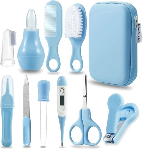Babyverzorgingsset 10-delige eerste uitrusting voor pasgeborenen, babynagelverzorgingsset, babynagelvijl, babykam, borstel, vingertandenborstel, nagelsnijder, schaar, neusaspirator