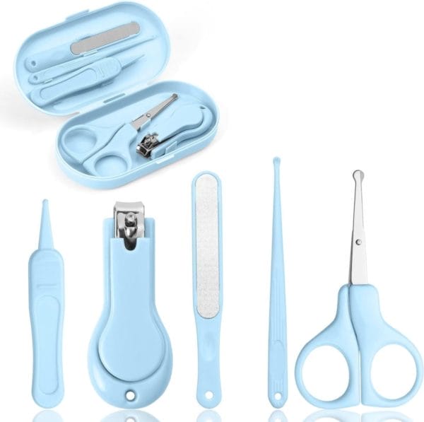 Babyverzorgingsset, 5-in-1 babyverzorgingsset met baby-nagelknipper, nagelschaartje, nagelvijl, pincet, oorreiniger en doos, baby-nagelverzorgingsset voor peuters, pasgeborenen, kinderen - blauw