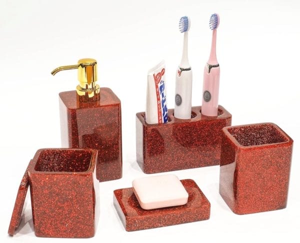 Badkameraccessoireset 5-delig zeepdispenser zeepbakje tandenborstelhouder wattenstaafje box cup rood badkameraccessoires voor nieuw huis kerstdecoratie