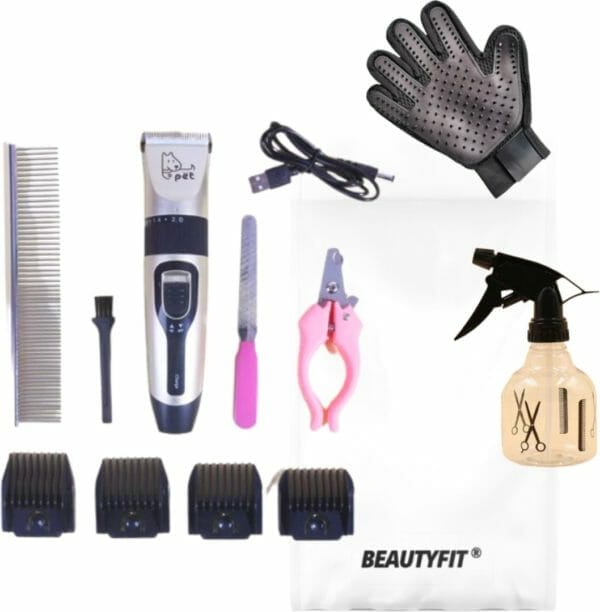 Beautyfit - 16-delig hondentondeuse set - professionele honden trimset - dieren tondeuse voor dikke vacht - meest complete set - inclusief 4 opzetkammen - hondenschaar - mist verstuiver - handschoen borstel - nagelknipper