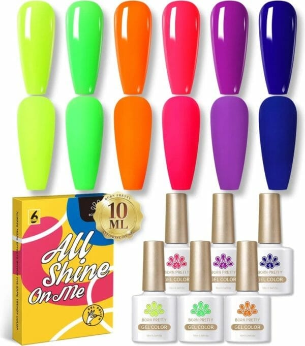 Born Pretty - 6 x 10 ml - Gellak set - Gellak nagellak - Gellak set kleuren - Gellak Roze - Gellak groen - Gellak neon - Gellak kleuren set - Gellak pink - Gellak Fluo - Gellak Neon kleuren - Gellak fluoriserend - Gellak paars - Gellak geel - Gellal