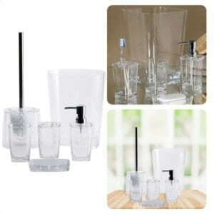 Cheqo® Badkamer Set 6 Delig - Badset - Kunststof - Beker, Zeepbakje, Zeep Dispenser, Tandenborstelhouder, Toiletborstelset, Afvalbak - Badkamer Accessoires