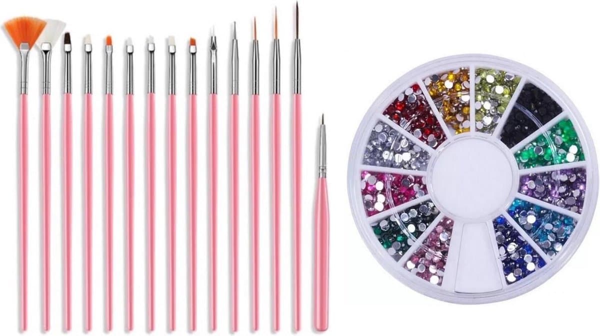 Complete nail art kit - 15 delig penselen set + rhinestones diverse kleuren - deal! Complete nail art kit - 15 delig penselen set + rhinestones diverse kleuren - deal!