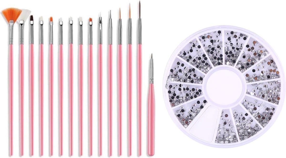 Complete nail art kit - 15 delig penselen set + rhinestones zilver - deal! Complete nail art kit - 15 delig penselen set + rhinestones zilver - deal!