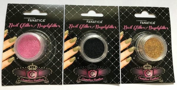 Cosmetica Fanatica - Nail Art - Set met 3 doosjes met * Nagel Glitter neon pink/roze * Nagel Glitter gold/goud * 3D Kaviaar Pareltjes black/zwart - in blisterverpakking