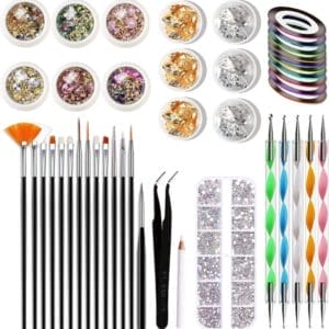 Creatime Nail Art Kit - Penselen met Dotting Tools - Strass Steentjes - Rhinestones - Nagel Folie - Diamantjes - Striping Tape - 45 Onderdelen - Nagelstickers