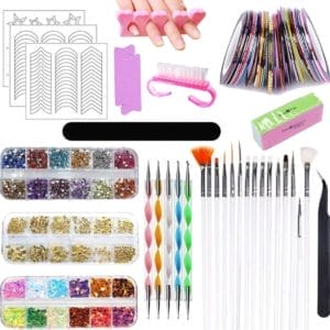 DIY doe-het-zelf nail Art kit kwastenset 15 stuks nagelpenselen, 5 stuks gestippelde pennen, 30 rollen strepenband nagels, 12 kleuren strass-steentjes nagels, ultradunne nagelpailletten voor nagelkunst - eigen nagels creëren - manicure set voor dames