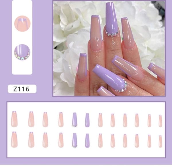 De 2 lalas - kunstnagels - nep nagels - plak nagels - diamandjes - steentjes - press on nails - 24 stuks - secondenlijm + nagelpatches - vijl - bokkepootje - alcoholdoekje