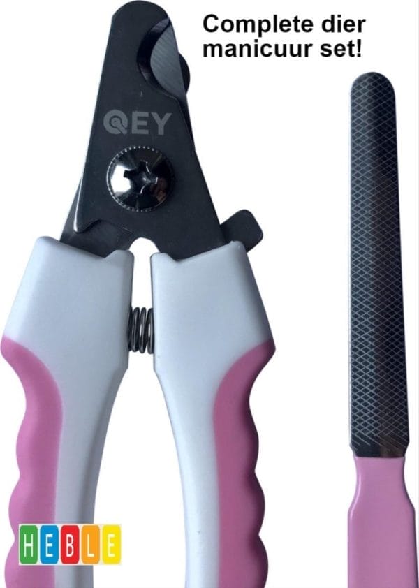 Dieren nagelschaartje hond/kat/konijn/vogel/cavia/knaagdier - veiligheidsstop - met nagelvijl - wit/roze - heble®