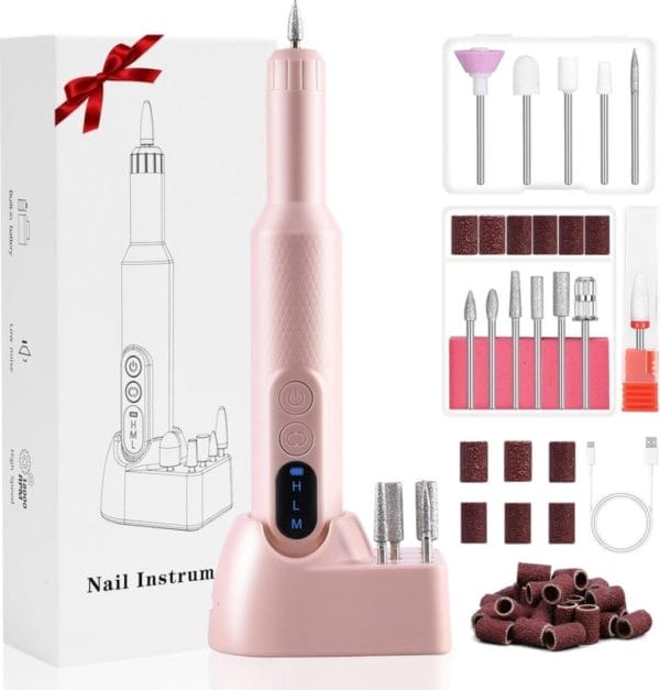 Elektrische nagelvijlen, draadloze elektrische nagelboormachine met 12 nagelboren, instelbare snelheid elektrische manicure- en pedicureset voor thuis- en salongebruik, draagbare e-vijlset met oplaadbare basis(roze)