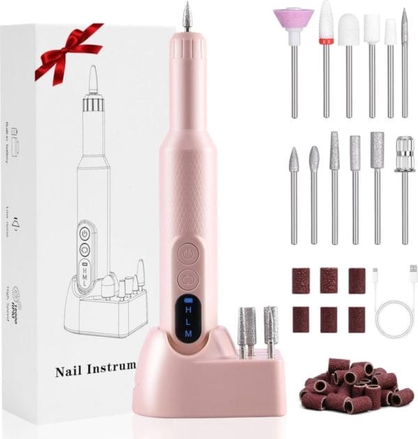 Elektrische nagelvijlen, draadloze elektrische nagelboormachine met 12 nagelboren, instelbare snelheid elektrische manicure- en pedicureset voor thuis- en salongebruik, draagbare e-vijlset met oplaadbare basis(roze)