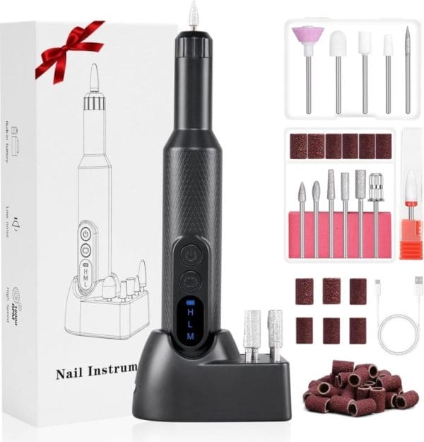 Elektrische nagelvijlen, draadloze elektrische nagelboormachine met 12 nagelboren, instelbare snelheid elektrische manicure- en pedicureset voor thuis- en salongebruik, draagbare e-vijlset met oplaadbare basis(zwart)