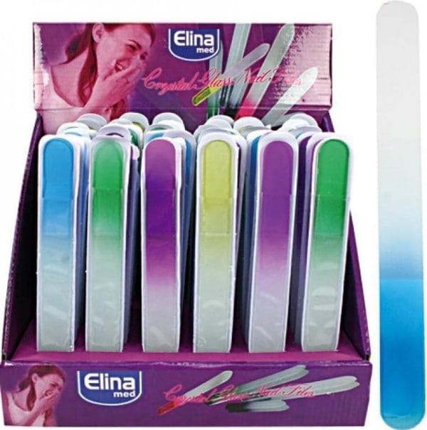 Elina Med - Grote glasvijl / glas nagelvijl - doorzichtig met blauw of groen of geel of paars handvat - 19,5 cm. lang - 2 cm. breed - 3 mm. dik - 1 vijl in een hoesje verpakt