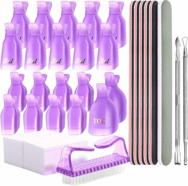 Elysee beauty - paarse gel nagellak removerkit - met herbruikbare clips, manicure en pedicure - nagelvijl en buffer set