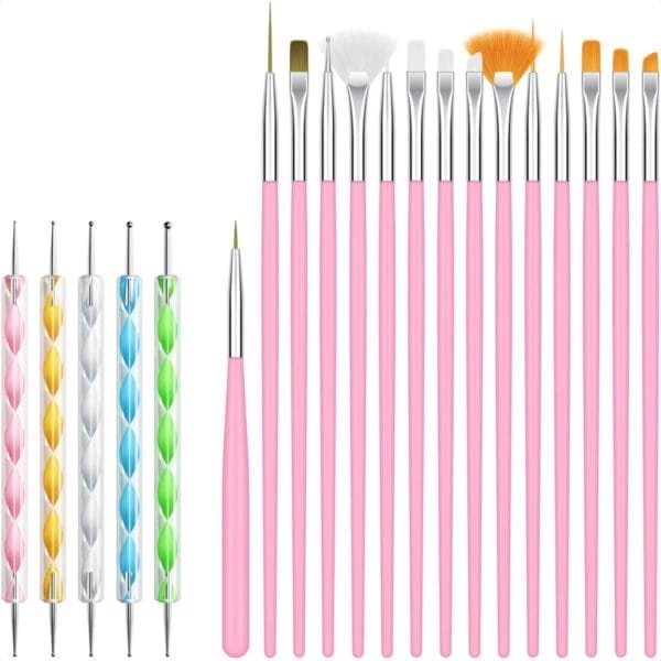 Evvie 20 delige nail art set - 15 nailart penselen en 5 dotting tools - roze