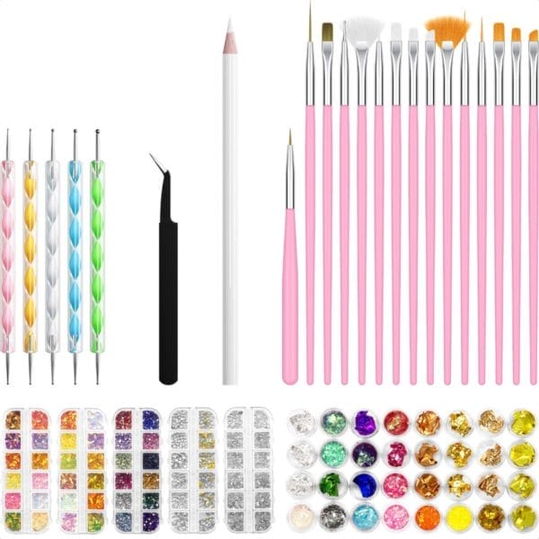 Evvie© nail art kit xxl - nail art penselen met dotting tools - pincet - strass steentjes - rhinestones - nagel folie - diamantjes - strass applicator - 100-delig