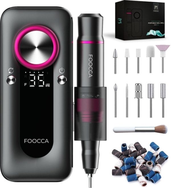 Foocca® elektrische nagelvijl - 35000 rpm pro - nagelfrees - draadloos & oplaadbaar - manicure en pedicure set - compact met broekriemclip - 11 bitjes en 65 schuurrolletjes - nagelstofkwast