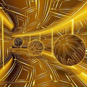 Fotobehang - Vlies Behang - Gele Tunnel met Ballen - 3D Effect - 152,5 x 104 cm