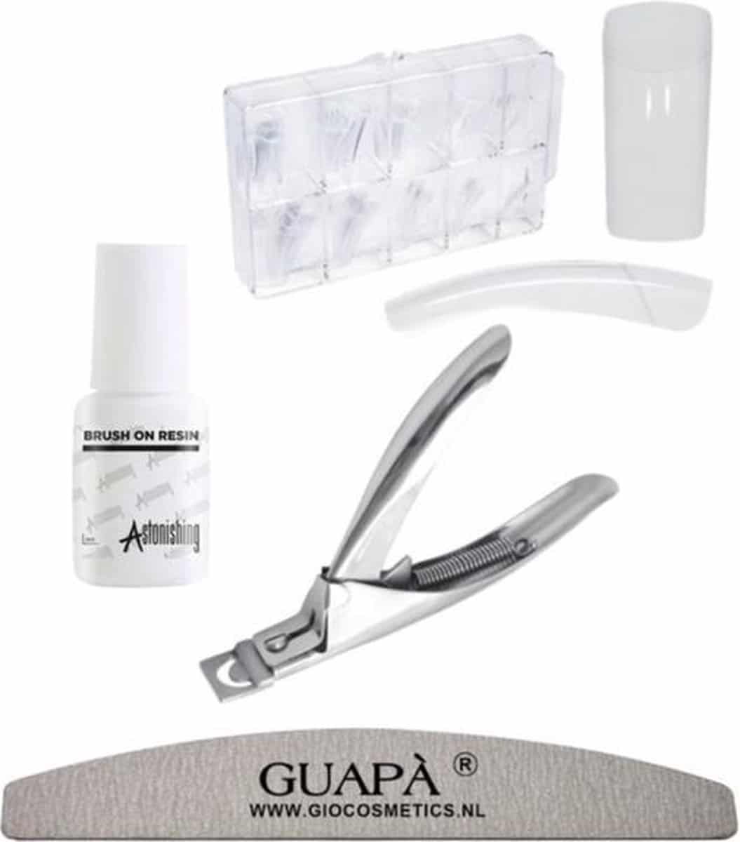 GUAPÀ - Kunstnagel Set voor het zetten van Nagelverlenging - 100 stuks Transparant + 5 ml nagellijm + Tipknipper en Nagelvijl - Acrylnagels - Tips - Nepnagels pakket