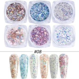 GUAPÀ - Nagel Glitter Poeder Nail Art Set Diverse Kleuren Licht - 6 Stuks