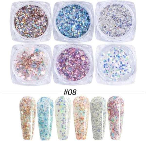 GUAPÀ - Nagel Glitter Poeder Nail Art Set Diverse Kleuren Licht - 6 Stuks