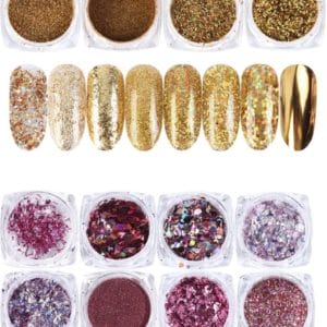 GUAPÀ - Nagel Glitter Poeder Nail Art Set Goud / Zilver / Rosé - 16 stuks