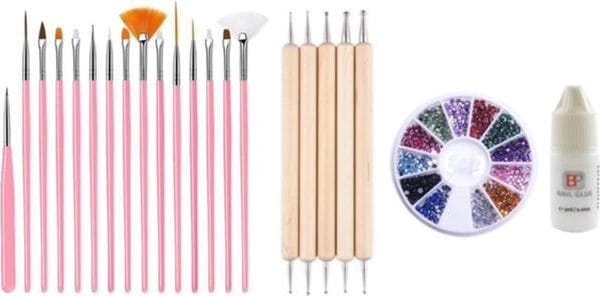 Guapà - nagel penselen set roze + rhinestones diverse kleuren + druppel & dotting pennen + nagellijm - nail art, acryl & gel nagels - 4 delige set