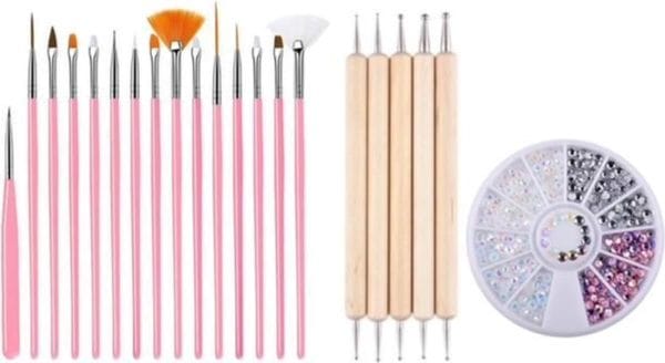 Guapà - nagel penselen set roze + rhinestones parelmoer + druppel & dotting pennen - nail art, acryl & gel nagels - 3 delige set