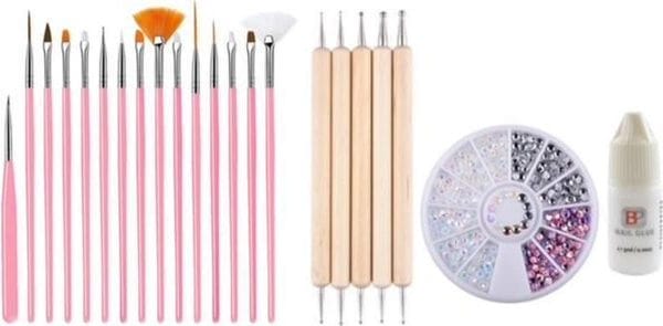 Guapà - nagel penselen set roze + rhinestones parelmoer rosé + druppel & dotting pennen + nagellijm - nail art, acryl & gel nagels - 4 delige set