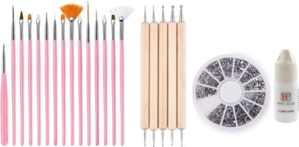 Guapà - nagel penselen set roze + rhinestones zilver + druppel & dotting pennen + nagellijm - nail art, acryl & gel nagels - 4 delige set