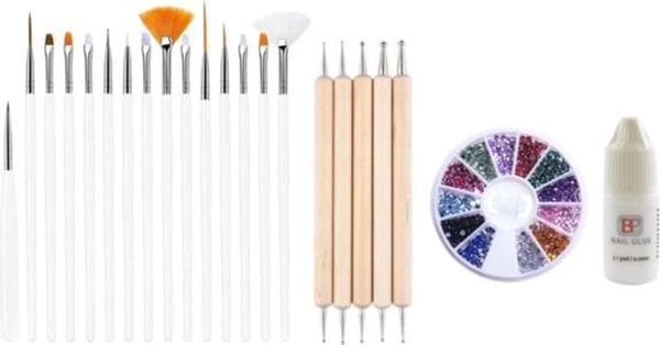 Guapà - nagel penselen set wit + rhinestones diverse kleuren + druppel & dotting pennen + nagellijm - nail art, acryl & gel nagels - 4 delige set