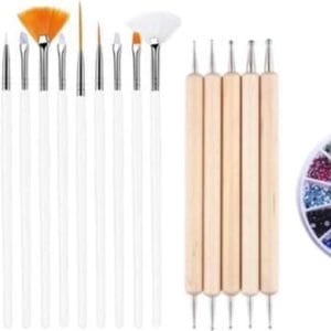 GUAPÀ - Nagel Penselen Set Wit + Rhinestones Diverse Kleuren + Druppel & Dotting Pennen - Nail Art, Acryl & Gel Nagels - 3 Delige Set